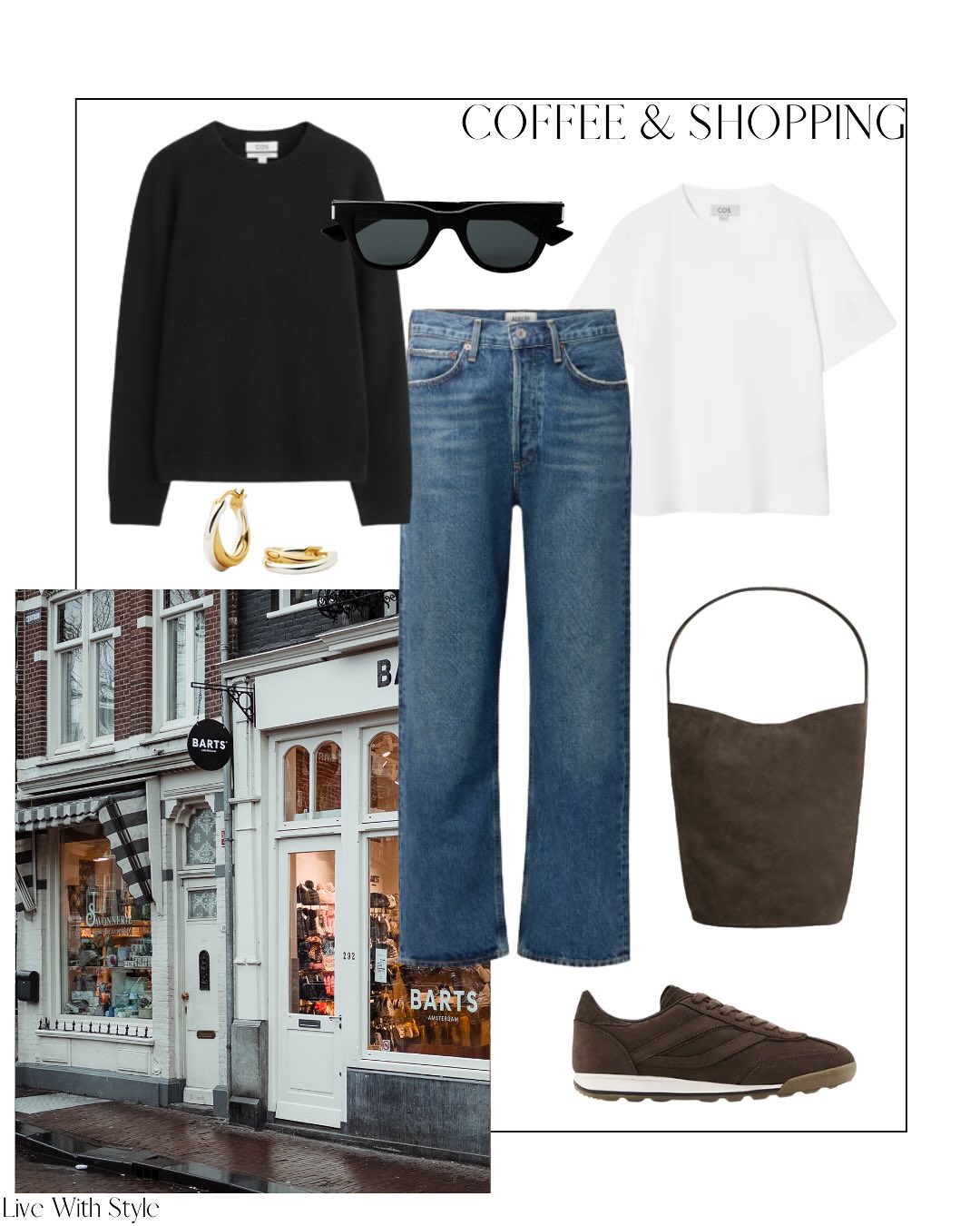 Black and White Layers with Blue Denim: A Coffee-and-Shopping Look That Stays Effortless
