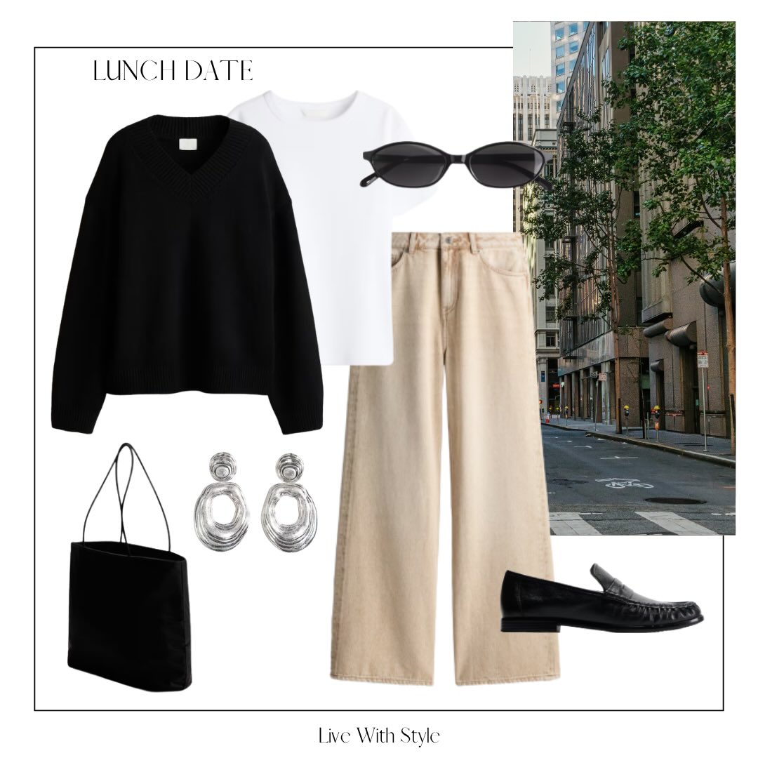 Black Knit, White Tee, and Ecru Denim: An Easy Lunch-Date Look with Contrast